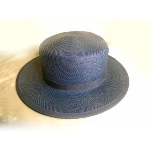 1980s Navy Blue Skimmer Hat VFG Boater Panama, Sewn Straw - Fashionconstellate.com