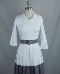 White and Silver Cotton Pleated Full Skirt Dress by Noni, B34 W26 - Fashionconstellate.com