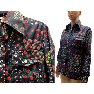 70s Women's Nylon Wind Shirt Colorful Floral on Black 
