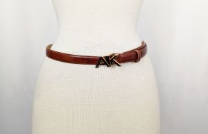 80s Belt Brown Leather Skinny Initial AK by Anne Klein | Vintage Misses M