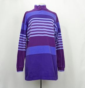 80s Top Purple Stripe Mock Turtleneck Oversize Fit by L.L. Bean | Vintage Misses M