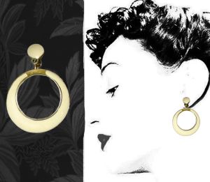 1960s Clip On Hoop Earrings Ivory Off White Enamel Crown Trifari Hoops in Jewelry Gift Box