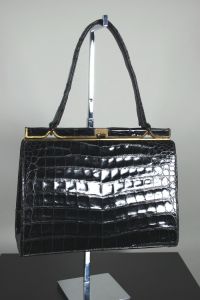 Black 1950s alligator bag  top handle handbag purse - Fashionconstellate.com