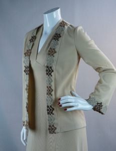 70s Tan Halter Maxi with Embroidered Jacket, MW Penney, Sz S - Fashionconstellate.com