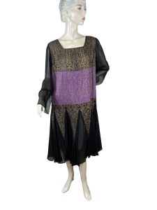 1920s silk chiffon dress black purple with gold bullion and beading
