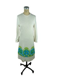1960s/70s ribbed knit dress with wool needlepoint border 
