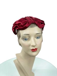1950s red silk satin cocktail hat with lovely draping - Fashionconstellate.com