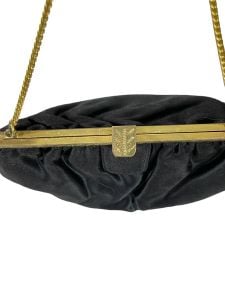 1940s black satin evening bag with etched gold frame and serpentine chain handle - Fashionconstellate.com
