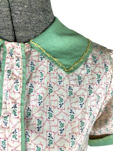 1930s girls cotton dress with rose print and contrast embroidered collar and cuffs  - Fashionconstellate.com