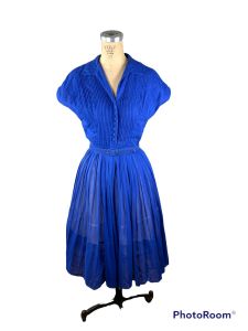 1960s shirtwaist dress royal blue pleated 