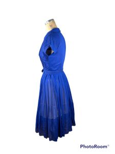 1960s shirtwaist dress royal blue pleated  - Fashionconstellate.com