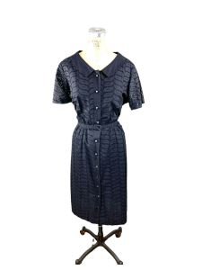 day dress in black eyelet cotton lace with belt and rhinestone buttons by Martha Manning 