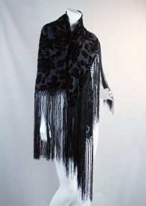 Black Burnout Velvet Fringed Shawl, Boho Gypsy Scarf - Fashionconstellate.com
