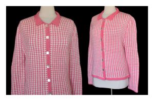 60's Hand Knit Houndstooth Check Cardigan Sweater, Pink and White Button Front Sweater