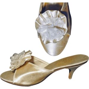 1960s Satin Pom Pom Slippers, Kitten Heels, Burlesque Boudoir Shoes, MCM