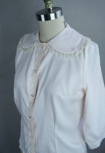 50s Pink Nylon Lace Blouse with Elbow Sleeves, B36 - Fashionconstellate.com
