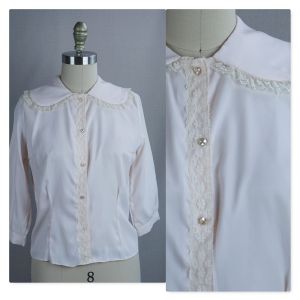 50s Pink Nylon Lace Blouse with Elbow Sleeves, B36