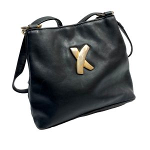 80s Black Leather Shoulder Bag w Signature Gold ''X''