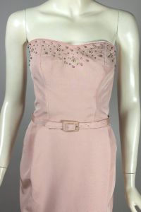 50s Pale Pink Strapless Cocktail Dress Rhinestone Trim - Fashionconstellate.com