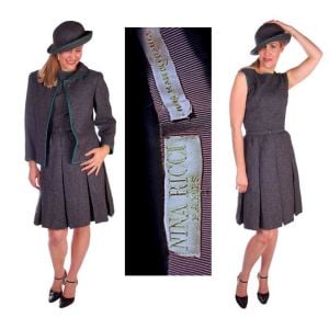 Vintage Nina Ricci  Paris Couture 1950s Gray Wool Dress Suit+ Hat  Green Polka Dot Ladies who Lunch