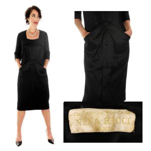 Vintage Black Silk Satin Cocktail Dress Sack Style Nina Ricci Couture Paris 1958 M