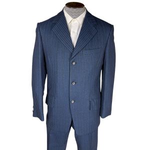 Vintage 60s Mens Striped Suit Custom Tailored Blue Wool Sz M - Fashionconstellate.com