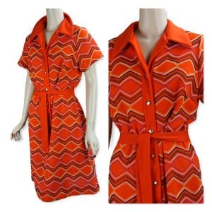 70s Dark Orange Embroidered Shift Dress with Belt by Race Street
