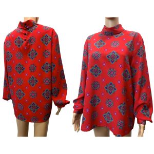 80s 90s Red Jewel Print Blouse Turtle Neck Collar - Fashionconstellate.com