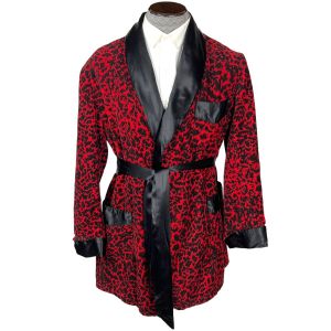 Vintage 1950s Leopard Print Smoking Jacket Red Cotton Corduroy Lounging Robe Mens Size M