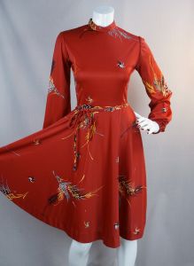 70s Red Full Skirt Jersey Knit Dress, Long Sleeves, B36 W26, VFG - Fashionconstellate.com