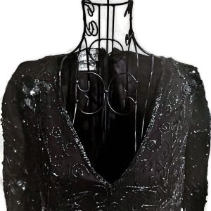 Vintage Stenay 100% Silk Sequined Beaded Top Blouse Black Short Sleeve 1X - Fashionconstellate.com