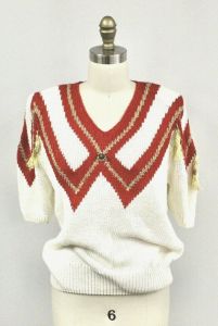 Vintage Christine Womens M Sweater Red White Glam Gold Fringe 80's Avant Garde 