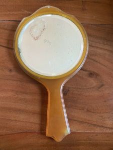 Vintage Butterscotch Bakelite? Hand Mirror Beveled Glass Vanity 10.5'' Round 