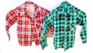 2 Vintage 1940s  Boys Shadow Plaid Flannel Shirts Red Green Worn S 28-32'' Chest
