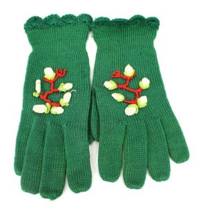 VINTAGE HAND KNITTED Womens GLOVES WITH Applique Green Red Sz 7 1940s Peg Hanger