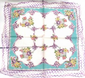 Vintage Hanky Handkerchief Basket Flowers Purples Crochets Edges NWT 1940s