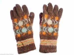 Vintage Hand Knitted Patterned Gloves 1920s-30s Womens Brown Blue Orange 