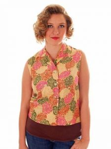 Vintage Womens Blouse Silk Print Sleeveless 1950s S-M Personal Fleur De Lis