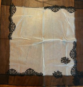 Antique  French Net Lace Mourning Handkerchief Black/ Ivory 20''