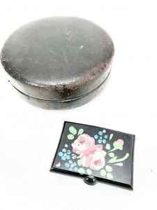 Vintage Round Black Leather Jewelry Trinket Box + Tole Roses Pill Box PINK