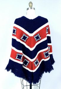 VTG 70s Embroidered Fringe Boho Cape Poncho Hippie Sweater O/S Red,White,Blue - Fashionconstellate.com