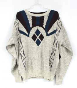 Vintage Men's 80s Sweater Stone Blue Maroon Knit, leather trim XL TALL, EUC - Fashionconstellate.com