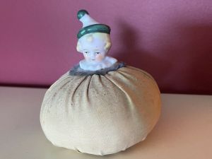 Antique German Porcelain Baby Half Doll Pincushion  3'' Adorable