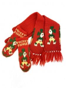 Vintage 50-60s Mickey Mouse Knit Scarf & Mittens Kids Red Green Yellow Wool