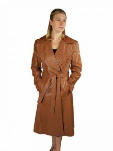 Vintage Womens Trench Coat Caramel Leather Wrap  1970S Small Cleaned