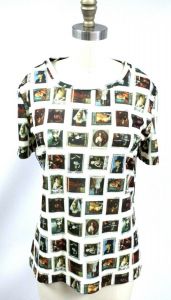 Vintage NYLON 100% 70's Postage Stamp Print Hippie T shirt Top M - L Lucky Tops