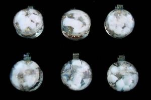 6 Vintage Buttons Clear Green  Lucite Spheres Mother of pearl Centers 1940’S