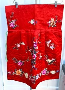 Antique Chinese Robe Part Forbidden Stitch Red Silk Bees Butterflies Apron Mums