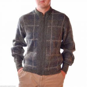 NWT Robert Bruce Vintage Mens Plaid  Zip Sweater Fleecemore 1970S  M Gray Orlon