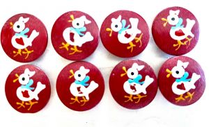 Vintage Buttons 8 Wooden Hand Painted MCM Red Birds Hearts 3/4'' Shank